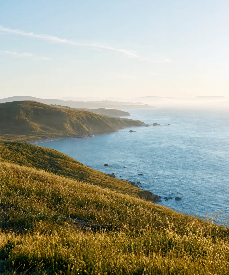 A sunlit coastal overlook with rolling headlands and calm open water