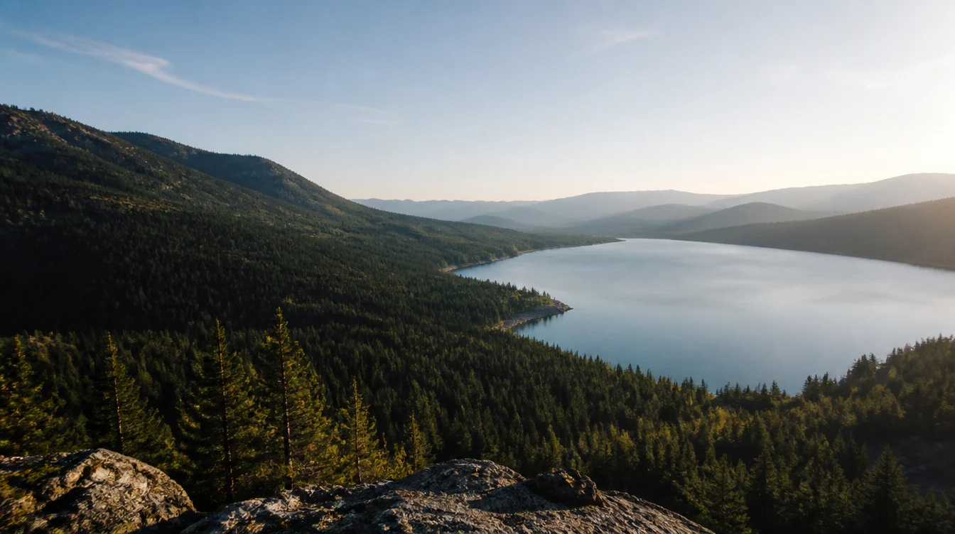 A mountain ridge overlooking an evergreen forest, a tranquil lake, and distant peaks in soft morning light